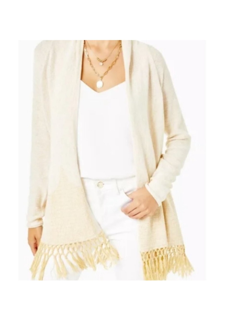 Lilly Pulitzer Cream Open-Front Fringe Cardigan